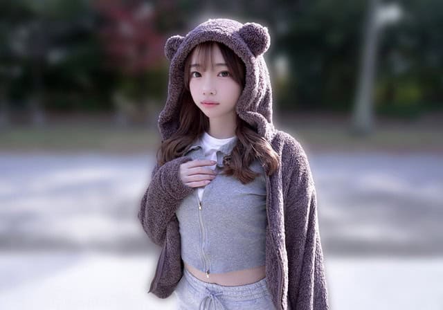 クマ耳フードの女性が屋外で立ち、グレーの短いトップスに手を添える