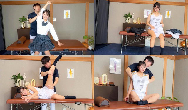 制服姿とスポーツウェア姿の女性が施術台でストレッチを受ける様子をまとめた4分割
